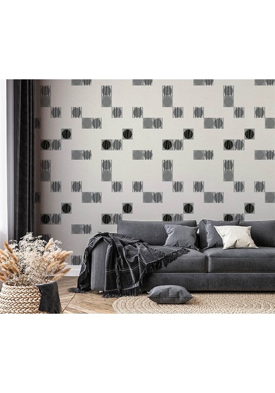 Siyah Gümüş Geometrik Desenli Dokulu Duvar Kağıdı 55110 Çok Renkli
