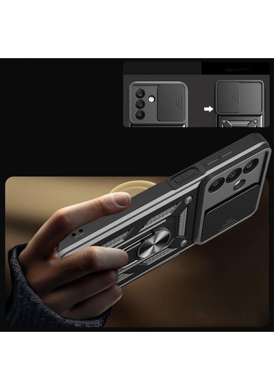 Vendas Samsung Galaxy Uyumlu A17 Kılıf Magnetik Standlı Kamera Korumalı Zore Sürgülü Vega Kapak Siyah