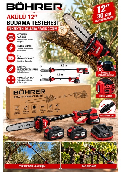 Böhrer Ba011518 12 İnç 30 Cm Akülü Budama Testeresi 21v Çift Akülü Otomatik Yağlamalı Uzayabilir Dal Budama T