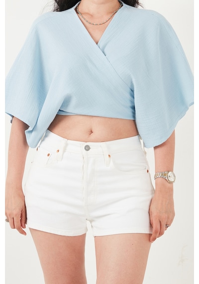 Lela Pamuklu Comfort Fit Bağlamalı Yarasa Kol Bolero Kadın Bolero 5866354 Mavi
