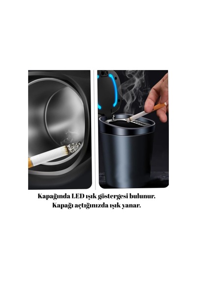 Araç İçi Küllük Işıklı Kapaklı Yanmaz Koku Geçirmez Multi Fonksiyon Üniversal Siyah Glz03504051