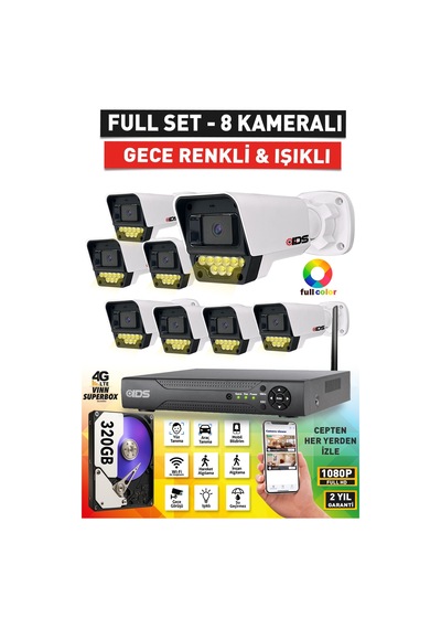 8 Kameralı 5mp Lensli 1080p Fullhd Renkli Gece Görüşlü 9 Led Güvenlik Kamerası Seti - 320gb