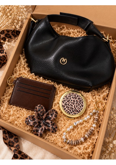 Elpida Bags Kadın Siyah Çanta Ve Aksesuar Hediye Seti Çanta, Kartlık, Cep Aynası, Toka Ve Charm Leopar - Siyah