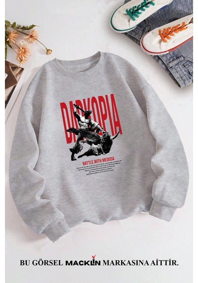Macklin Unisex Kadın Erkek Battle With Medusa Özel Tasarım Baskılı Bisiklet Yaka Sweatshirt Gri Mck1356 Gri