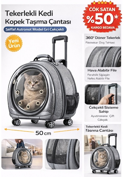 Jumbo Fileli Tekerlekli Kedi Köpek Taşıma Çantası 45 X 50 X 27 Cm Gri 15 Kg