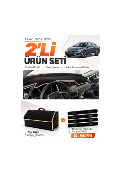 E-biz Honda Cıvıc Fc5 2015-2022 Uyumlu Torpido Örtüsü + Tay Tüyü Bagaj Çantası - Siyah-bej - Ho012