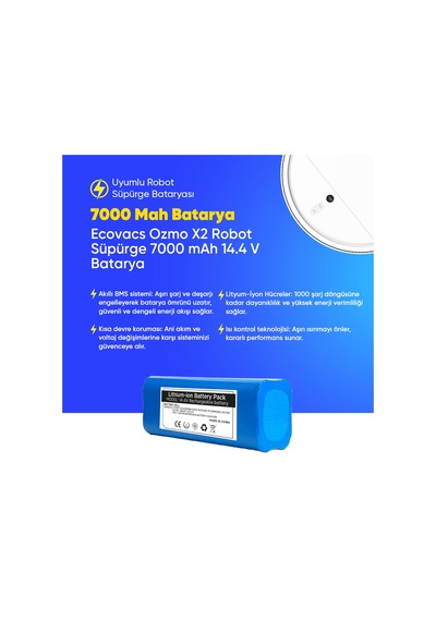 Ecovacs Ozmo X2 Robot Süpürge 7000 Mah 14.4 V Batarya  Uyumlu Uzun Ömürlü, Yüksek Performans Pil
