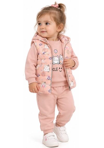 İrem Kız Bebek Kedi Desenli Şişme Yelekli Pudra Renk Üçlü Takım