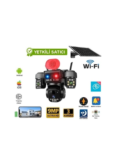 O-kam-5220 Wifi Solar 3 Lens Sirenli Çakarlı Güvenlik Kamerası