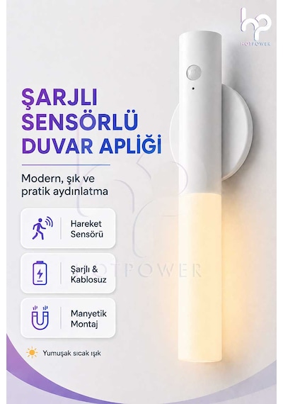 Şarjlı Sensörlü Duvar Apliği Manyetik Kablosuz Led Gece Lambası Type-c Beyaz