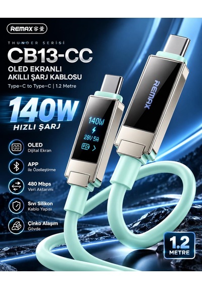 Remax Cb13-cc Thunder Serisi 140w Oled Ekranlı Bluetooth App Kontrollü Type-c Hızlı Şarj Ve Data Kablosu 1.2 Metre Mint Yeşili