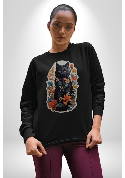 Çiçekli Siyah Kedi Etiket Unisex Siyah Baskılı Sweatshirt Siyah