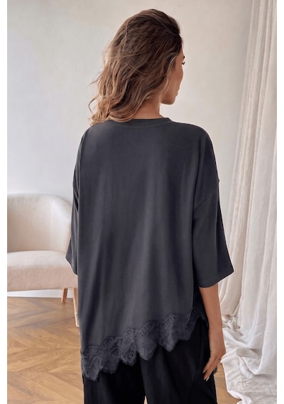 Genius Store Kadın Dantelli Tişört Kahverengi Pamuklu Dantel Detaylı Rahat Kesim Asimetrik Kadın Bluz Dantelli-8989 Füme
