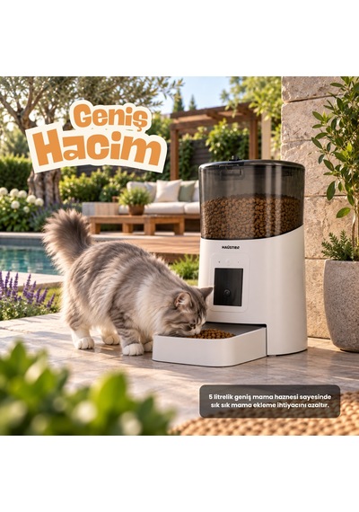 Haustier PP003 Pro Beyaz Kameralı 1080P FHD Gece Görüş Akıllı Otomatik Kedi Mama Kabı, Tuya App-Wifi Uzaktan Kontrol, Sesle Çağırma, 2.4Ghz-5Ghz, 5Lt hazne, Metal Kase