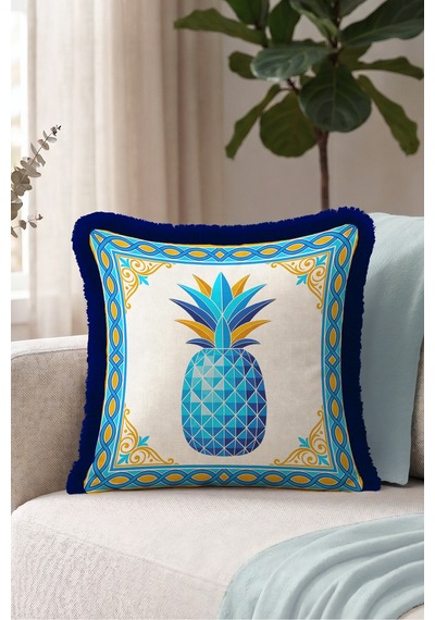 Ananas Tropik Otantik Motifli Saçaklı Yastık Kılıfı - Akdeniz Mavi Lacivert Püsküllü Kırlent Kılıfı Sakin Ufuk Serenat