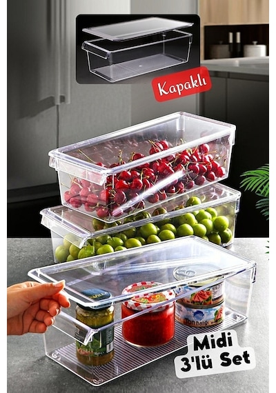 Hitfoni Orta Tall Clear Buzdolabı & Dolap Içi Düzenleyici Organizer 3 Adet
