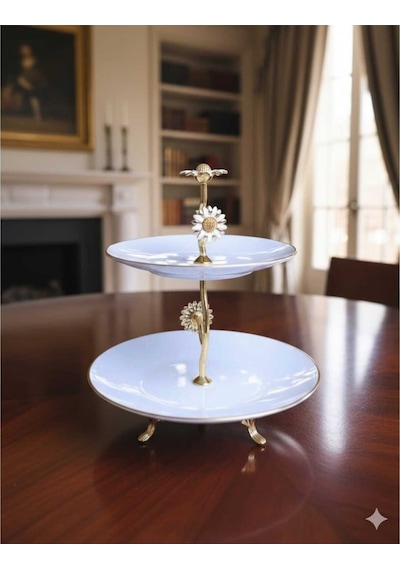 Çnr Home Collection Metal Ayakli Yaldizli Katli Porselen Sunumluk Kurabiyelik Şekerlik Beyaz