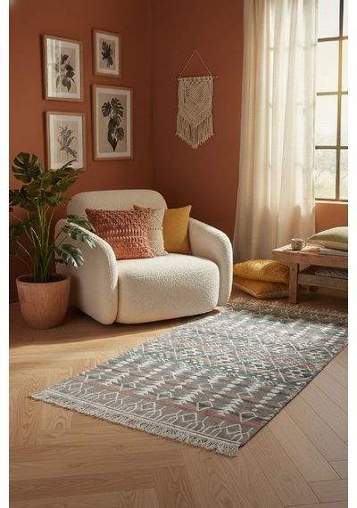 Modern Geometrik Desenli Çift Taraflı Yıkanabilir Kilim Renkli