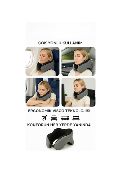 Vıscora Space Memory Foam Ortopedik Boyun Yastığı Seyahat Ve Ofis Kullanımı Gri - Siyah