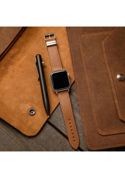 Goldoni Apple Watch Uyumlu İnce Taba Deri Kordon Metal Köprülü