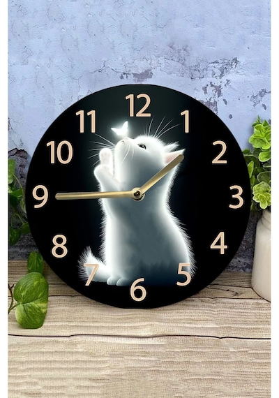 Sevimli Işıltılı Kedi Temalı Mdf Duvar Saati 33 Cm Sdw317 Renkli