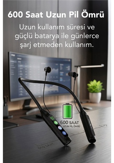 600 Saat Sporcu Kulaklığı Kablosuz Bluetoot Kulaklık Led Göstergeli Boyunluk Kulaklık Stereo V5.4