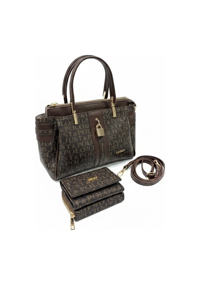 Just Polo Kadın Lüks El & Omuz Çantası Gold Detaylı Özel Tasarım Çanta Ve Uyumlu Cüzdan 22x28 Cm Kahverengi