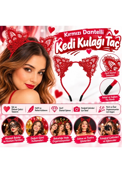 Arkhenx Kırmızı Dantelli Kedi Kulağı Taç Parti Ve Kostüm Aksesuarı Bzs1 95193978