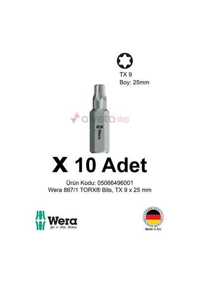 Alveta Wera 867/1 Torx Tx9 X 25mm Tornavida Ucu 10 Adet Torx Vidalama Bits Seti Profesyonel Seri