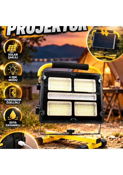 Solar Şarjlı Led Kamp Projektörü 4 Işık Modlu Powerbank Özellikli