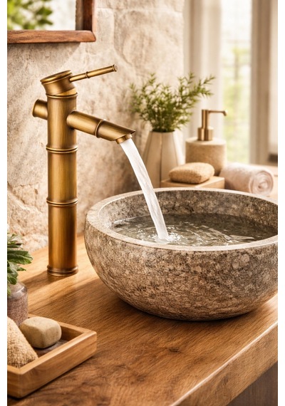 Viosa Eskitme Bambu Çanak Lavabo Bataryası Çanak Lavabo Uyumlu Antik Gold Pirinç Musluk Siyah