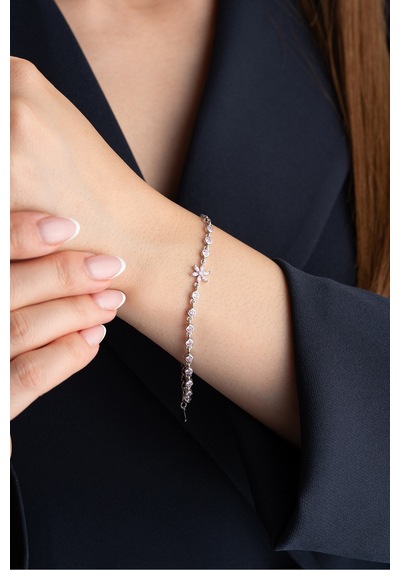 Çekirdekjewelry 925 Ayar Gümüş Pembe Taşlı Lotus Bileklik Gri