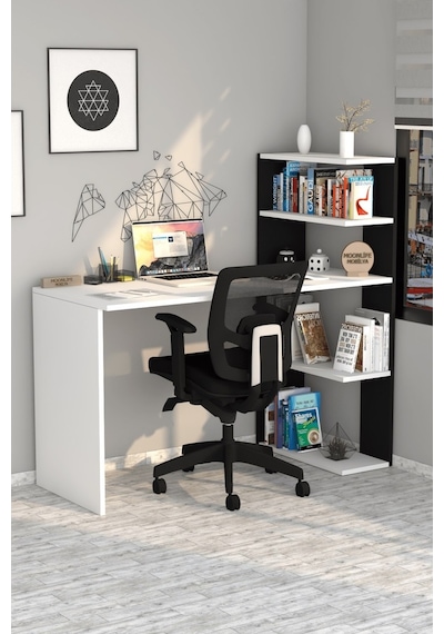 Moonlife Çınar Kitaplıklı Çalışma Masası Beyaz Siyah Beyaz