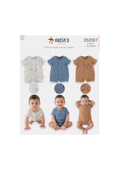 Necix's Erkek Bebek Yazlık Müslin Tulum 0- 6 Ay 5513 5514 Ekru Safari Ekru Safari