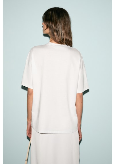 Grımelange VEYMIRA Kadın %100 Pamuk Bisiklet Yaka Kısa Kollu Oversize Fit Beyaz / Desenli T-Shirt