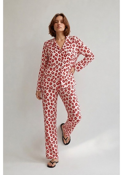 Fit Women Kadın Gömlek Yaka Düğmeli Gece Giyimi Kırmızı Pijama Takımı