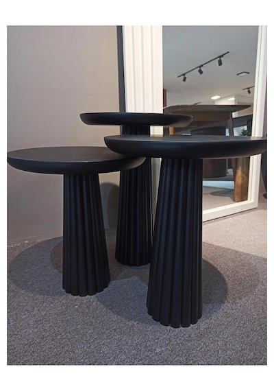 Wood Siyah 3 Lü Set Mantar Yan Sehpa Fiskos Çiçeklik Decorative