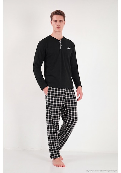 Buratti Kareli Düğmeli Hakim Yaka Yumuşak Dokulu Polar Pijama Takımı Erkek Pijama Takımı 6097023 Siyah