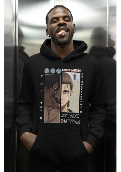 Sevbano Attack On Titan Eren Yeager Baskılı Unisex Oversize Anime Karakte Siyah