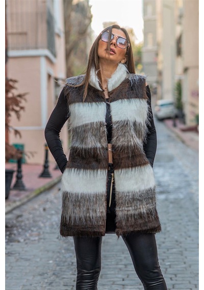 Keyifli Moda Kadın Kahverengi Beyaz Çizgili Arkası Bej Deri Detaylı Cepli Uzun Kahverengi