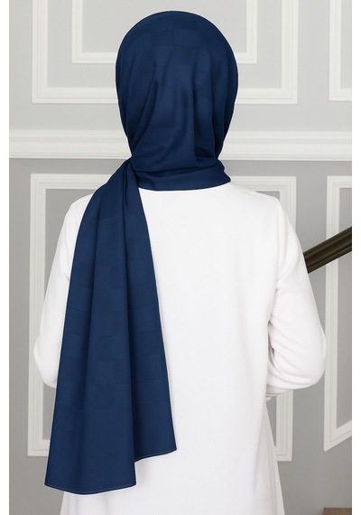Mim Eşarp Emproyal Silver Jakar Dama Desenli Şal 75x190 Cm Lacivert