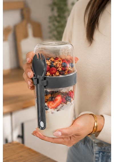 Porsima 5817 Yoğurt Kabı Kendinden Kaşıklı Pratik Taşınabilir Kaşıklı Atıştırmalık Kabı-antrasit 400ml+200ml