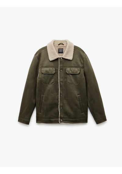 Koton Kapaklı Cepli Çıtçıt Düğme Detaylı Slim Fit İçi Peluş Yaka Suni Süet Ceket Haki 6wam20103hw