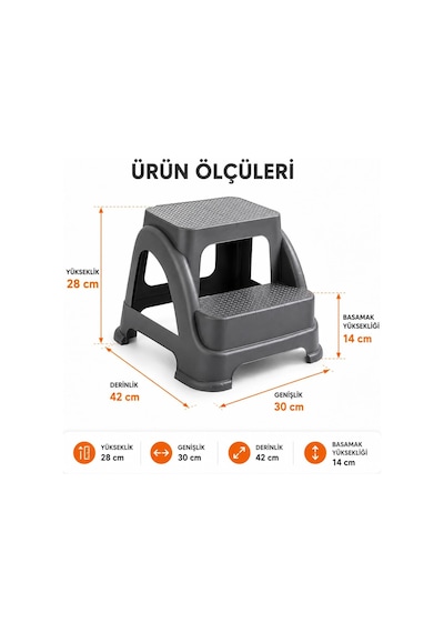 Lexroo 2 Basamaklı Merdiven Tabure Kaydırmaz Ayaklı Sağlam Plastik Basamak Standart