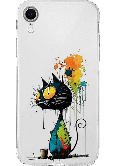 Apple Uyumlu iPhone Xr İle  Splash Kedi Tasarımlı Kamera Korumalı Şeffaf Silikon Kılıf 051e