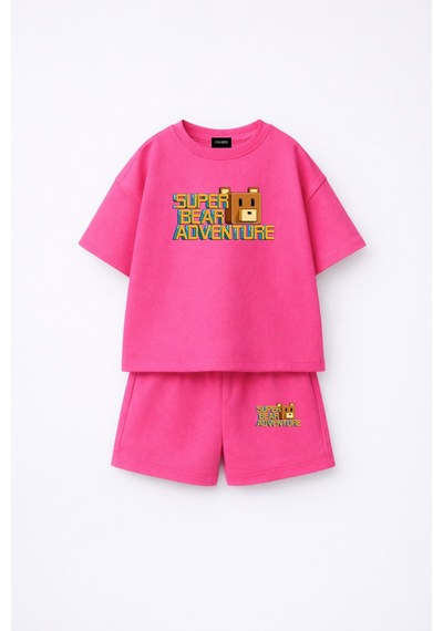 Fasardi Super Bear Adventure Süper Ayı Baskılı Oversize %100 Pamuk Tişört Şort 2li Çocuk Takım Fuşya