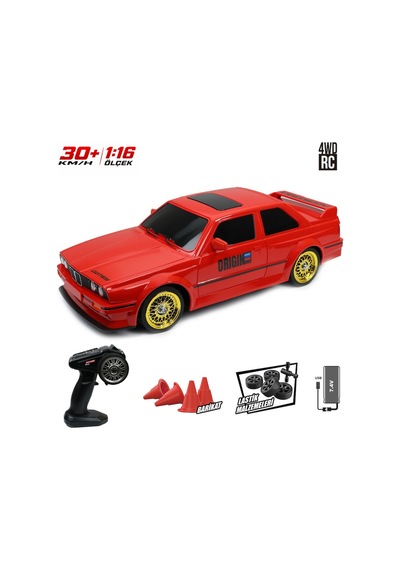 Uzaktan Kumandalı Bmw E30 Rc Drift Arabası 1:16 Ölçek 4x4 Şarjlı Işıklı Model Araba 30+ Km/h Kırmızı