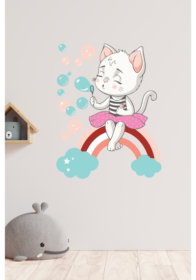 Crevidi Gökkuşağı Üzerinde Oturan Sevimli Kedi Çocuk Odası Sticke