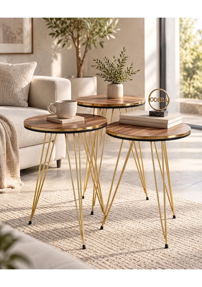 Odera Çift Ceviz Yuvarlak Zigon Sehpa 3'lü Set Metal Tel Ayaklı Modern Retro Salon Sehpası Diğer