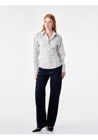 Koton Klasik Yaka Slim Fit Çizgili Uzun Kollu Gömlek Ekru Çizgili 7wak60189pw